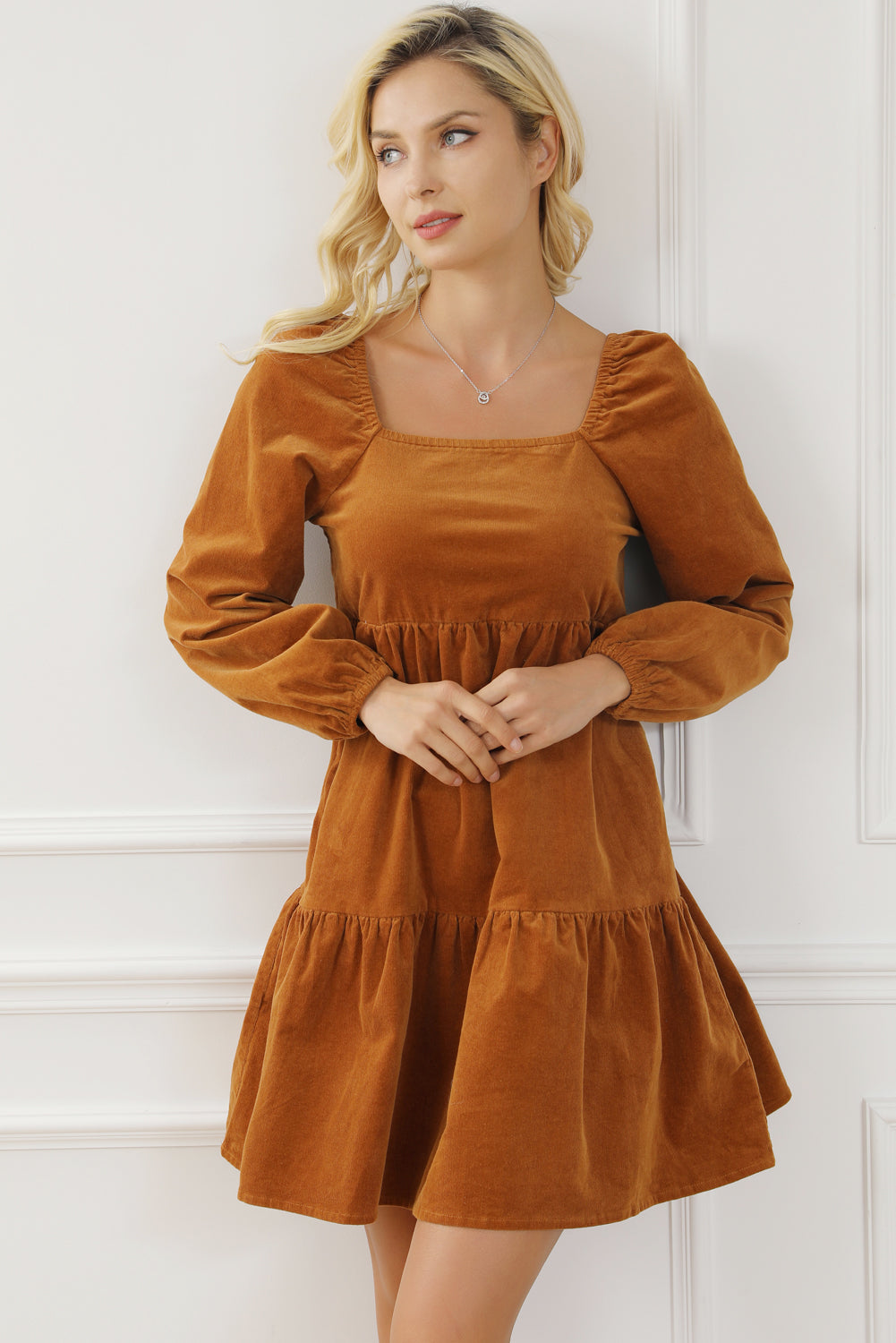 Square Neck Long Sleeve Tiered Dress Caramel