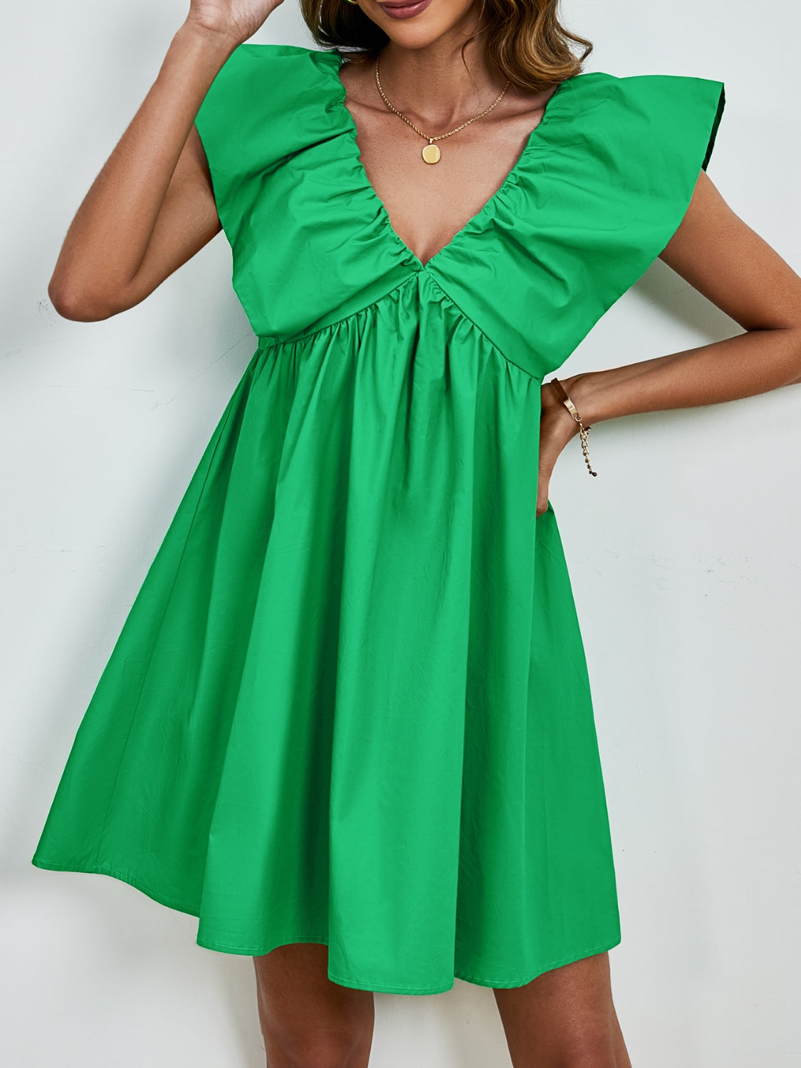 V-Neck Cap Sleeve Mini Dress Green