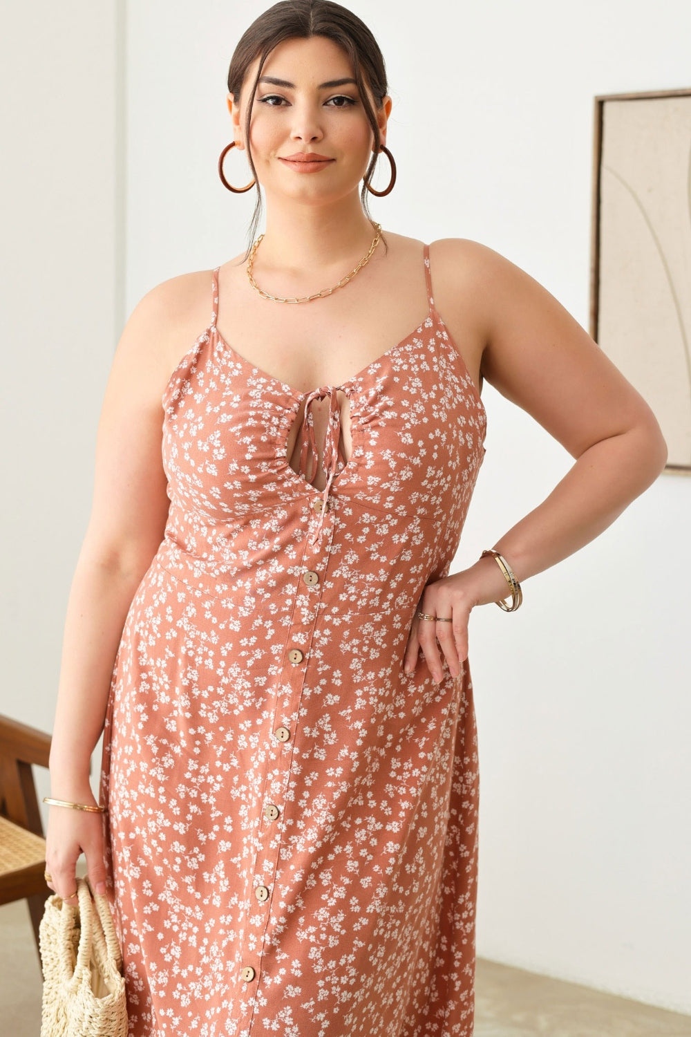 Zenobia Plus Size Cutout Floral Spaghetti Strap Dress - Thandynie