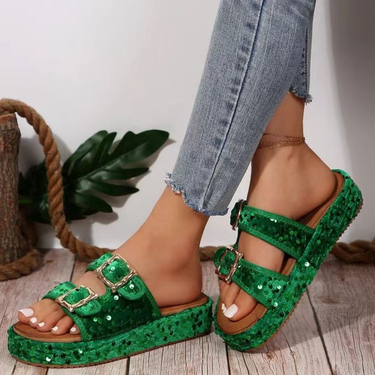 Sequin Trim Open Toe Sandals - Thandynie