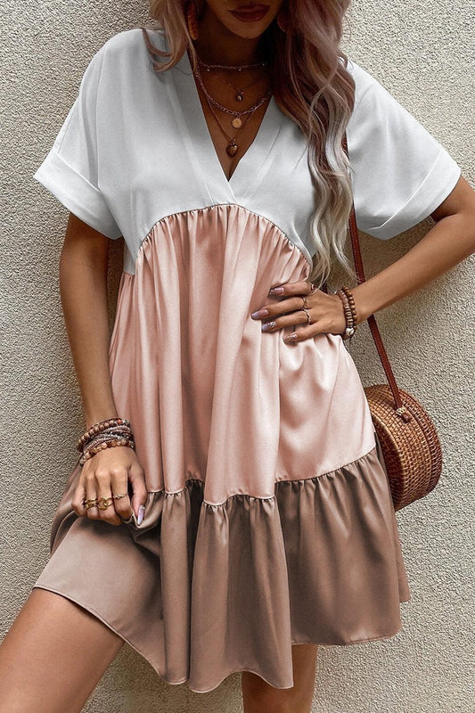Color Block V-Neck Short Sleeve Mini Dress Dusty Pink