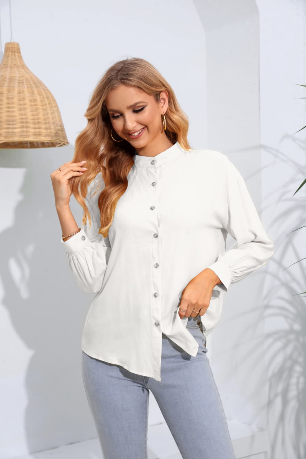Mock Neck Buttoned Long Sleeve Shirt White