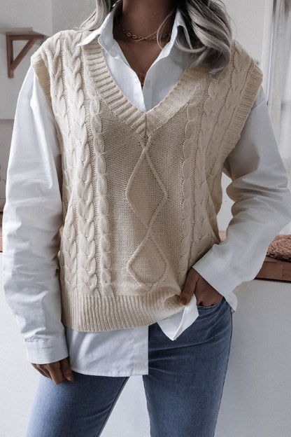 Cable-Knit Ribbed V-Neck Sweater Vest Cream