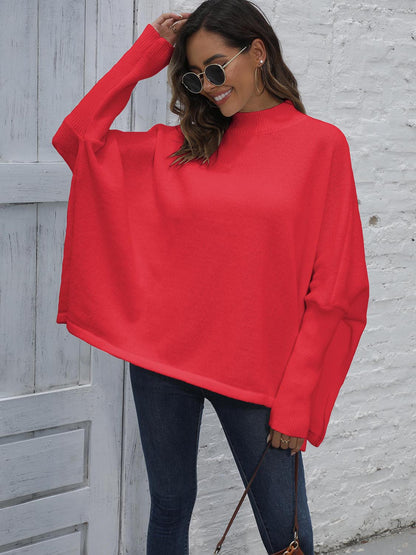 Loose Hem Plain Sweater Red One Size