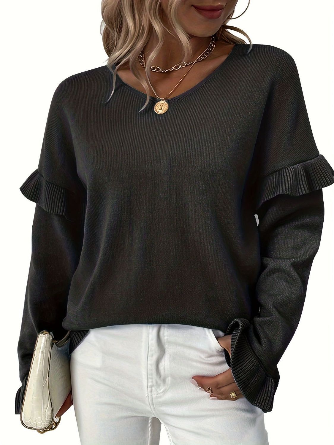 V-Neck Ruffle Trim Long Sleeve Sweater Black