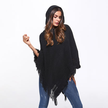 Openwork Fringe Hem Hooded Poncho