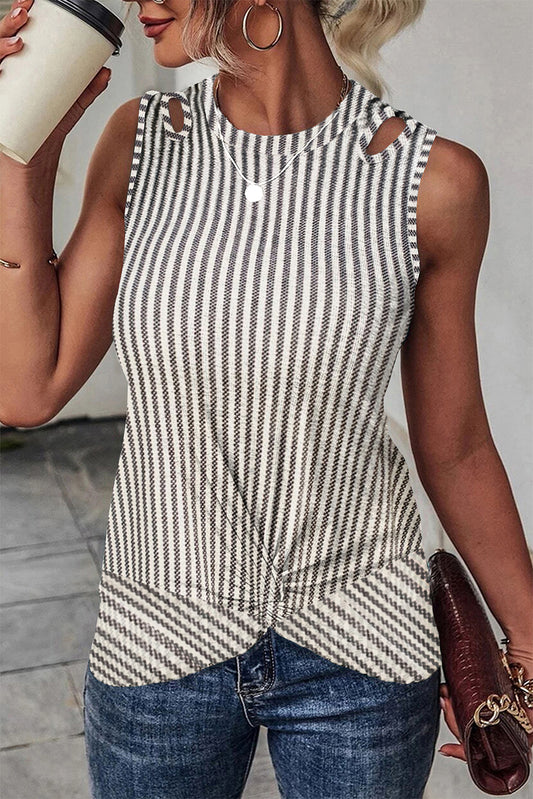 Gray Striped Cutout Twist Front Tank Top Gray 95%Polyester+5%Elastane