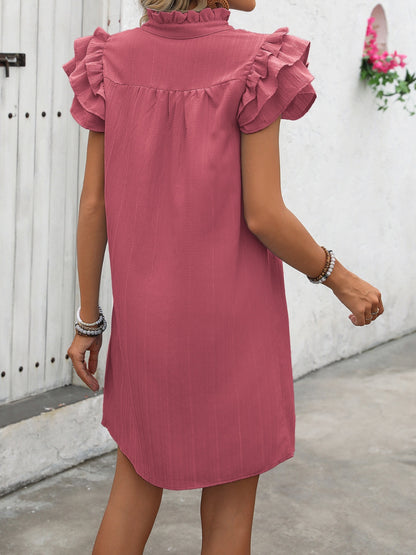 Ruffled Notched Cap Sleeve Mini Dress Dusty Pink