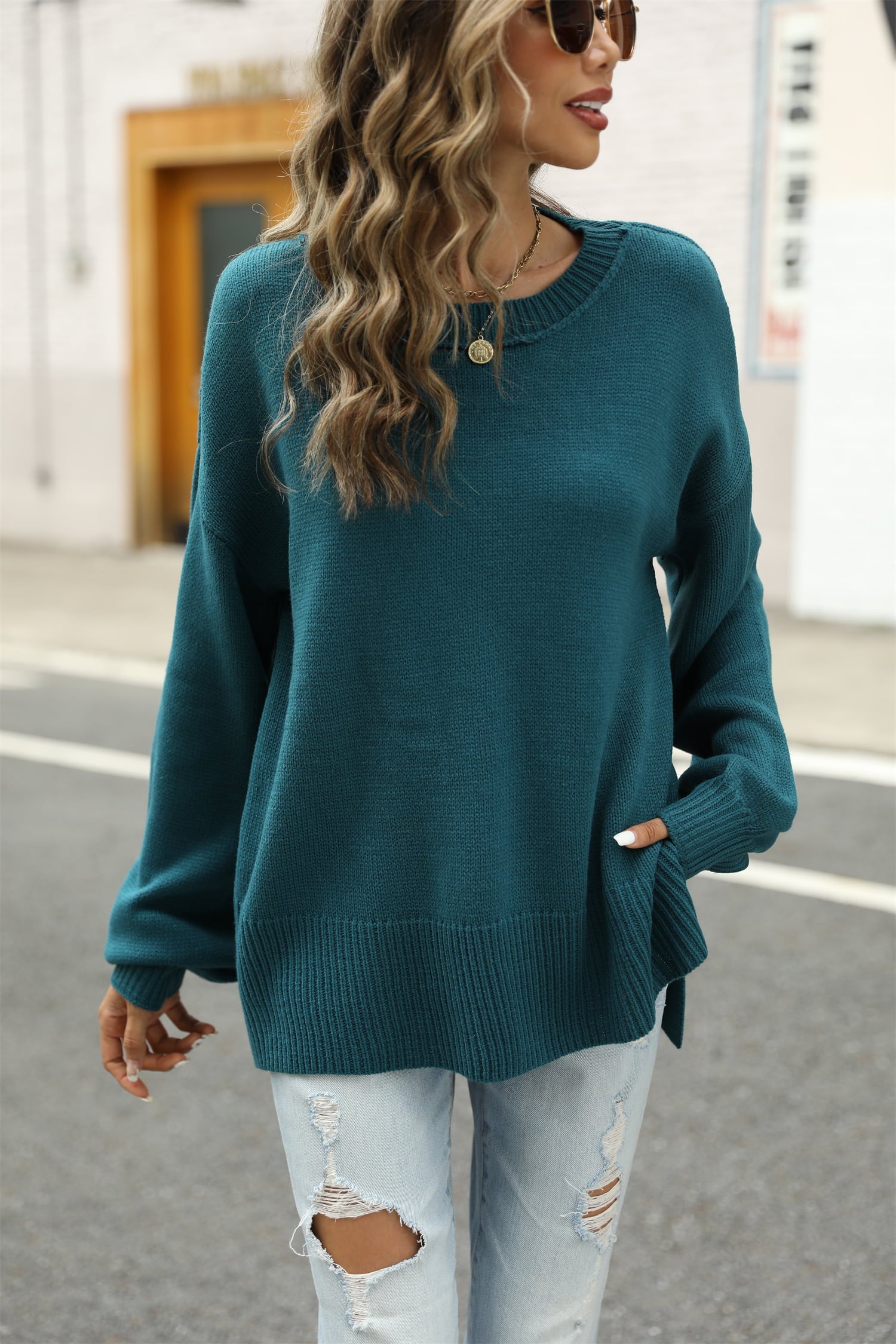 Round Neck Dropped Shoulder Slit Sweater Turquoise