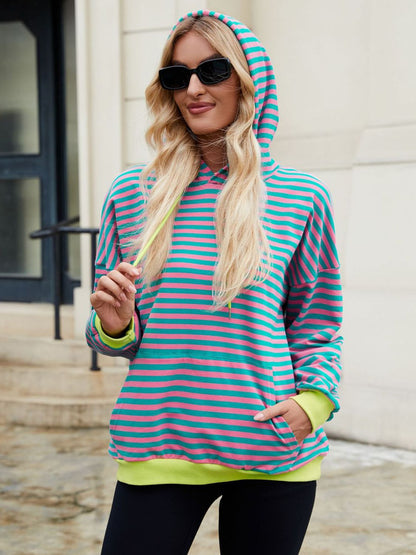 Drawstring Contrast Striped Long Sleeve Hoodie Coral