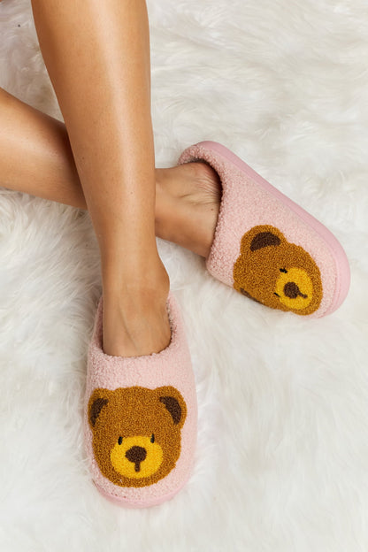 Melody Teddy Bear Print Plush Slide Slippers Blush Pink