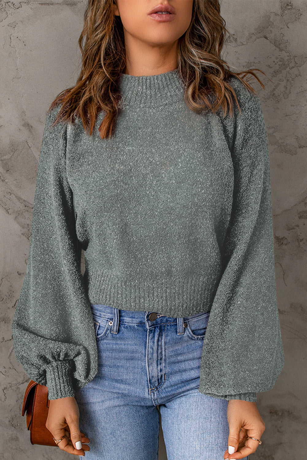 Ribbed Trim Balloon Sleeve Sweater Gray