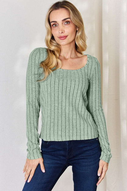 Basic Bae Full Size Ribbed Long Sleeve T-Shirt Light Green