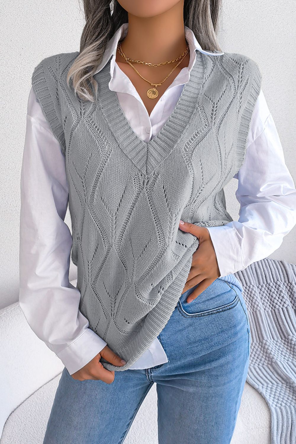 Openwork Ribbed Trim Sweater Vest Gray