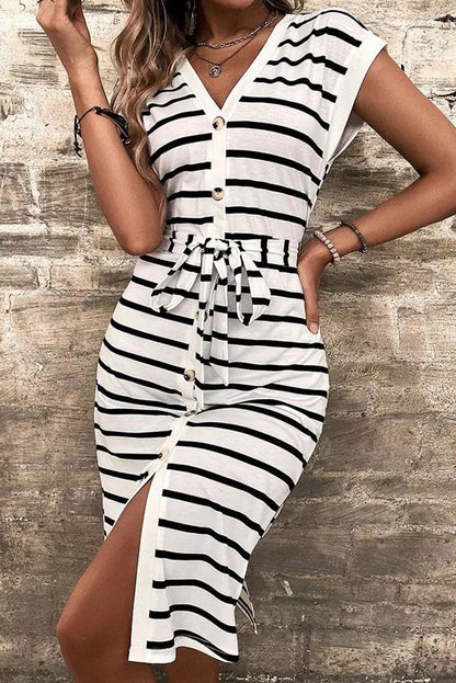 Striped Button Slit Tie V-Neck Midi Dress Stripe 95%Polyester+5%Elastane