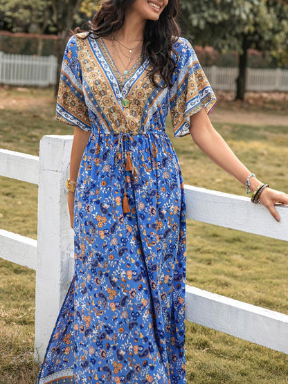 Slit Printed V-Neck Half Sleeve Maxi Dress Blue