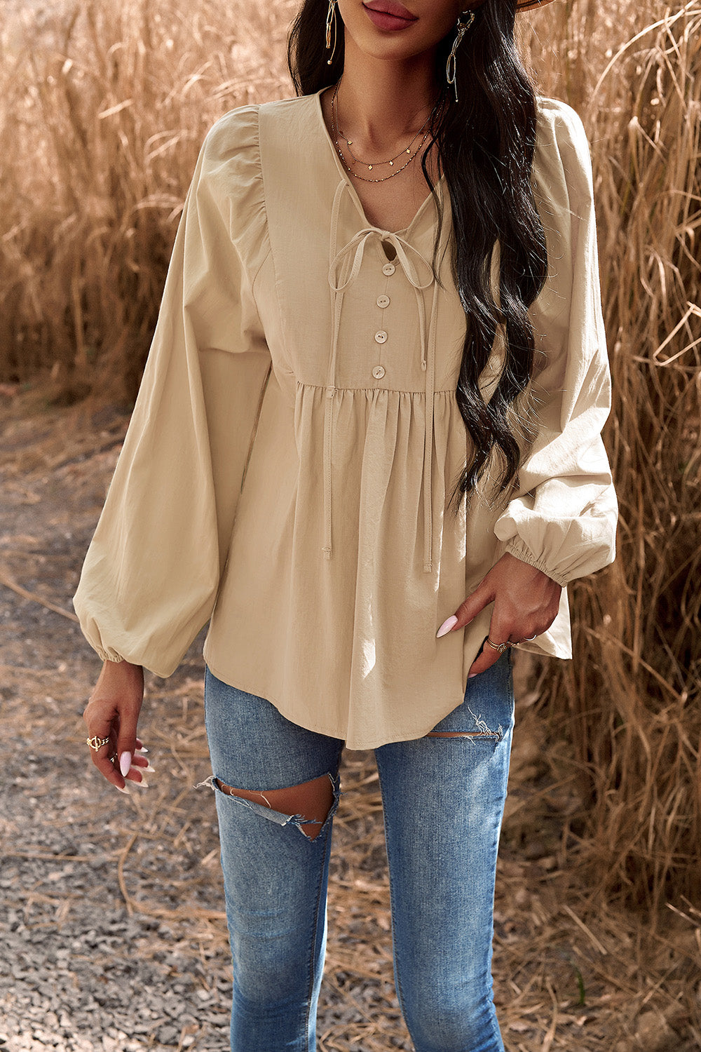 Tied Decorative Button Balloon Sleeve Blouse Tan