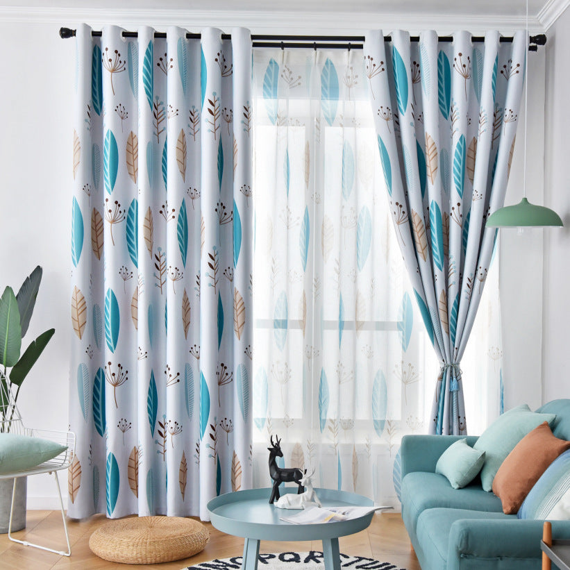 Nordic Style Nordic Leaf Curtain Shading Bedroom Living Room Shading Curtain Finished Simple Modern Nordic Leaves Blue Cloth Zero Shear Greater Than 1 M