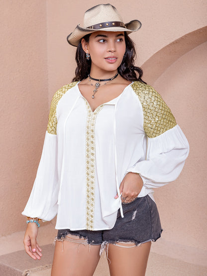 Plus Size Sequin Tie Neck Dropped Shoulder Blouse White