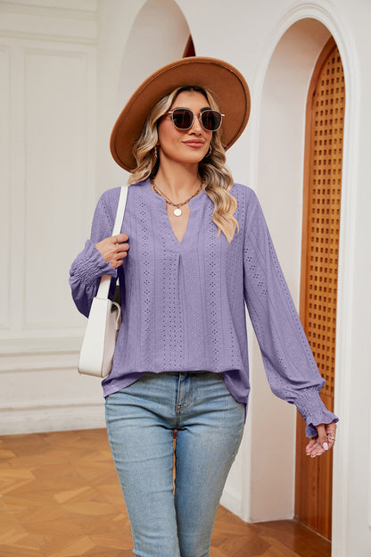 Notched Neck Flounce Sleeve Blouse Lavender