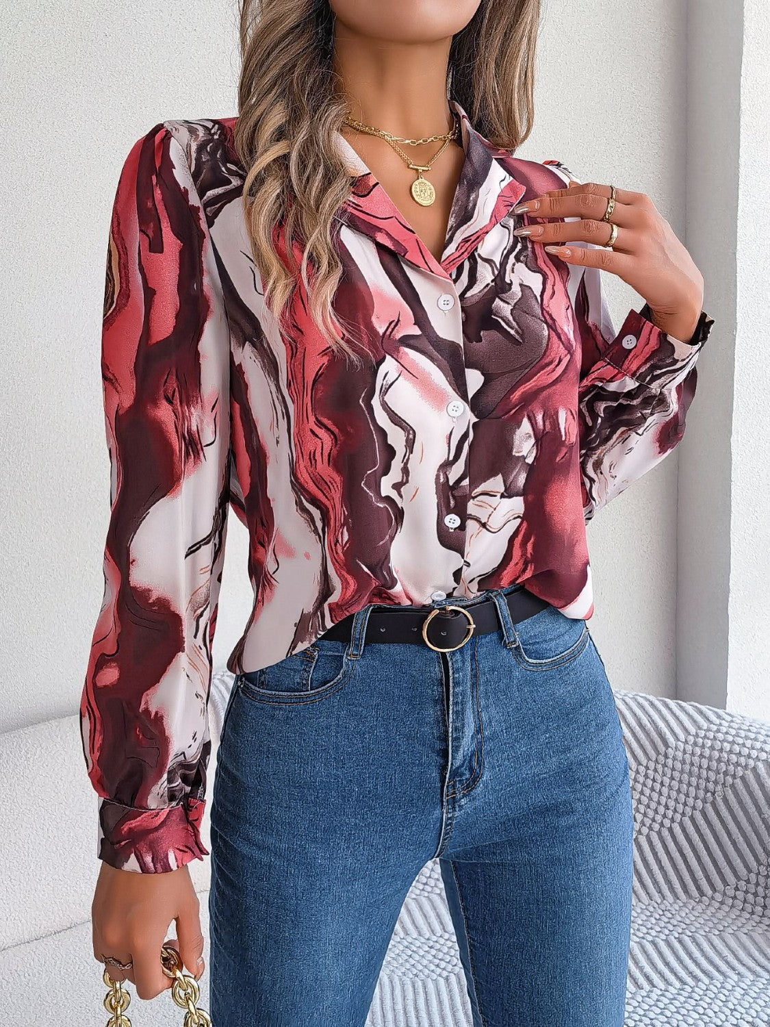 Printed Button Up Long Sleeve Shirt Hot Pink