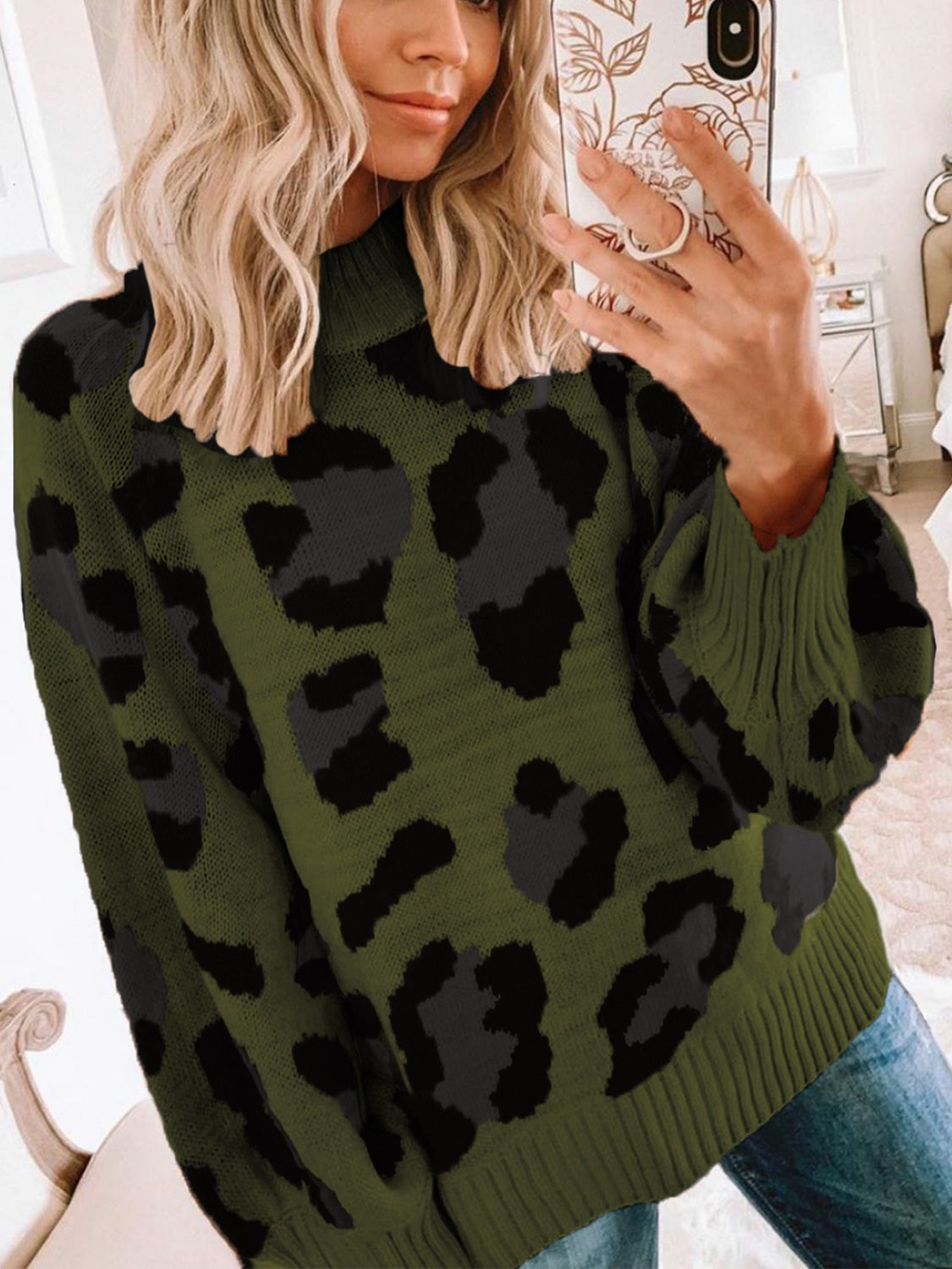 Leopard Mock Neck Dropped Shoulder Sweater