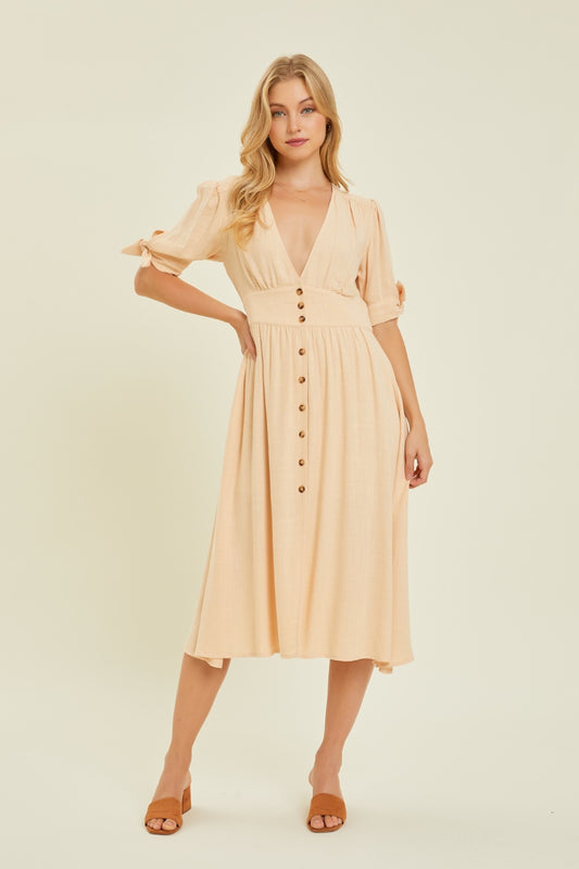 HEYSON Full Size Textured Linen V-Neck Button-Down Midi Dress Cream