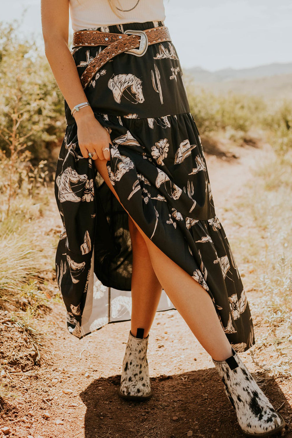 Black Western Print Tiered Ruffled High Waist Maxi Skirt Black 100%Polyester