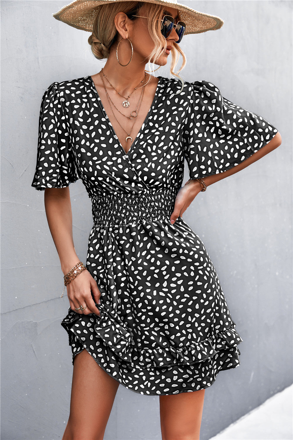 Printed Smocked Waist Layered Surplice Dress Black