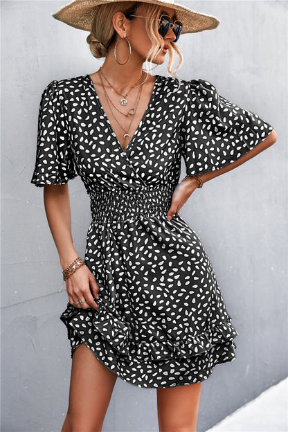 Printed Smocked Waist Layered Surplice Dress Black