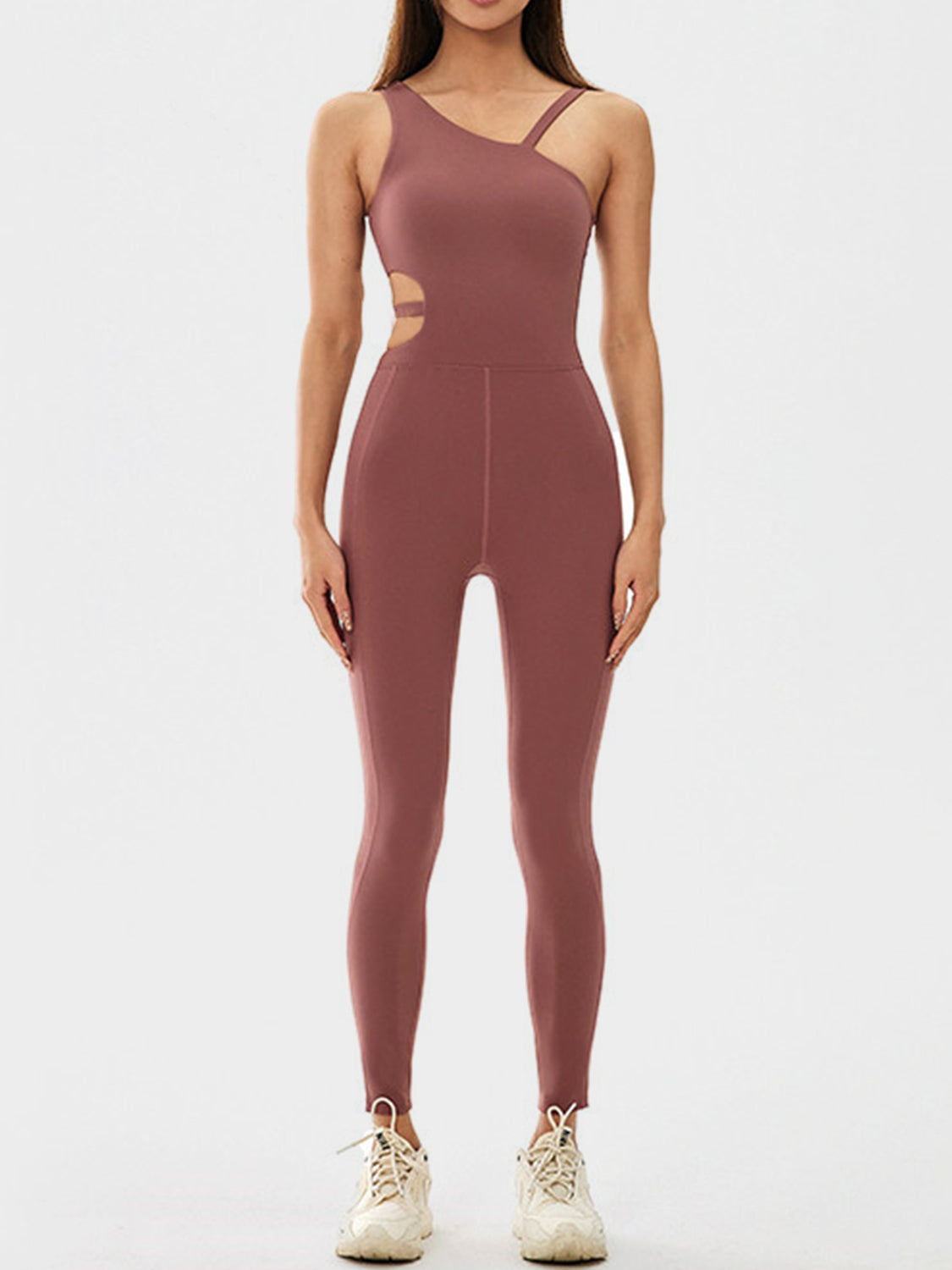 Cutout Asymmetrical Neck Active Jumpsuit Brown