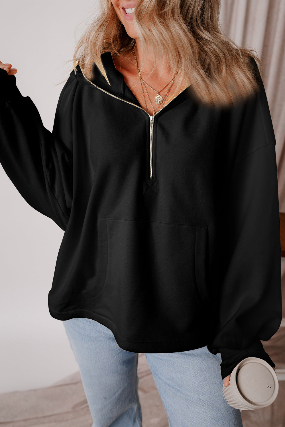 Pocketed Half Zip Dropped Shoulder Hoodie Black