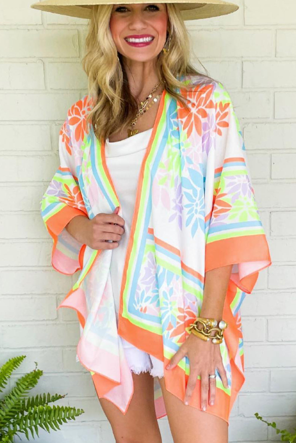 Orange Boho Floral 3/4 Sleeve Split Open Front Kimono