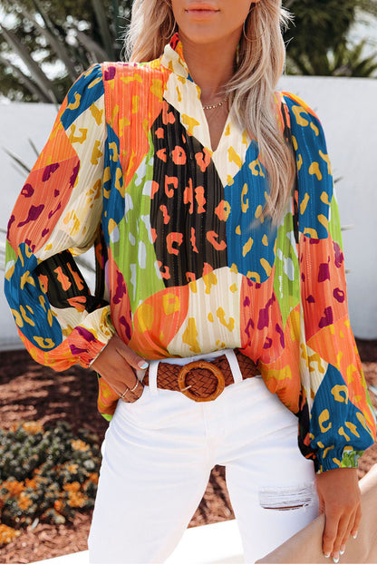 Printed Notched Long Sleeve Blouse Orange