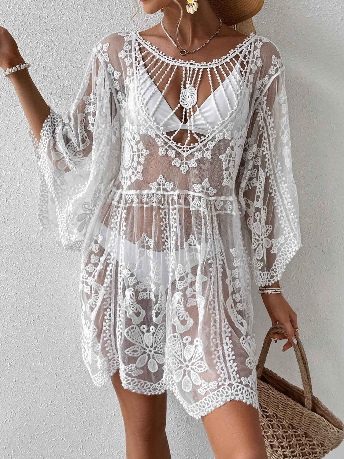 Lace Round Neck Cover-Up White One Size