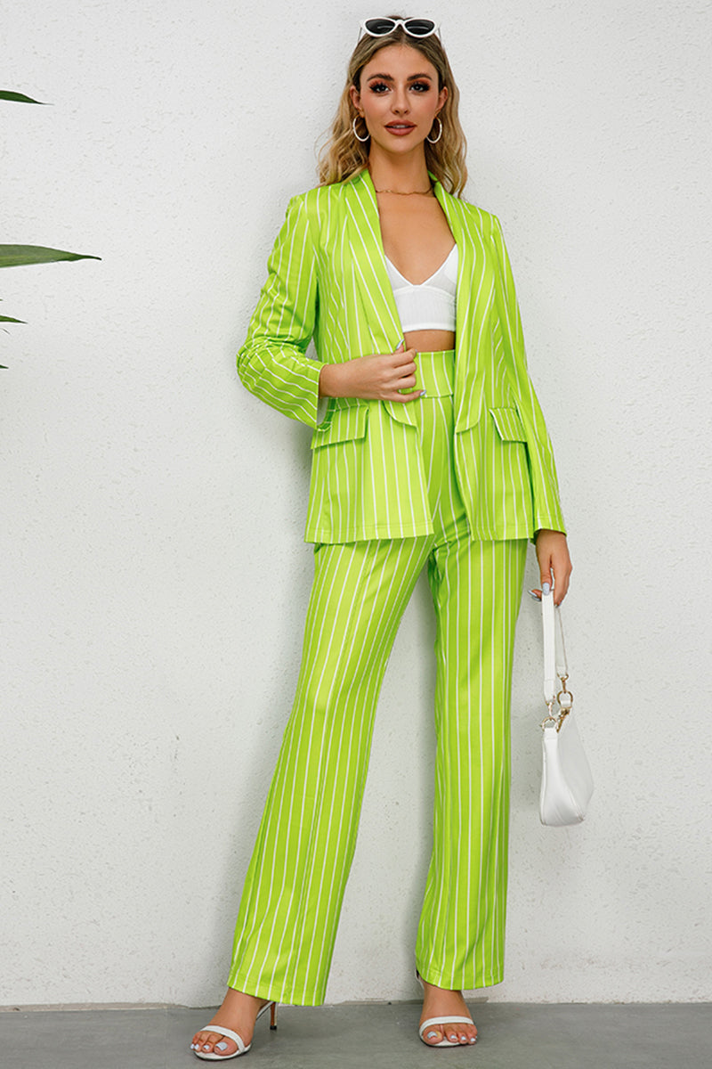 Striped Long Sleeve Top and Pants Set Yellow-Green