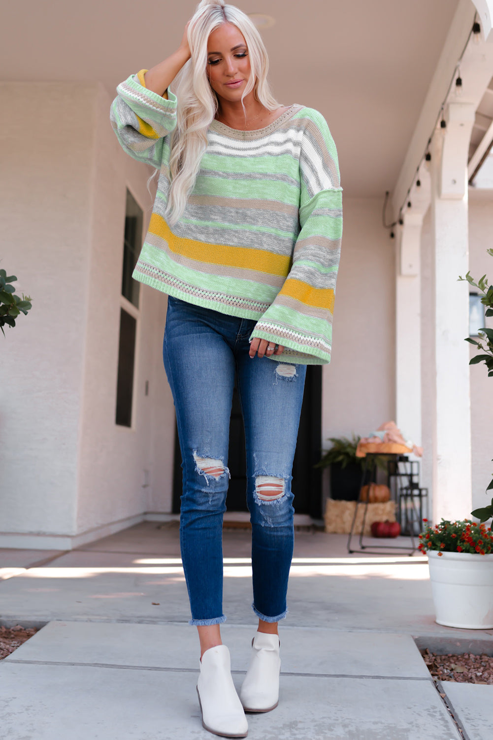 Striped Dropped Shoulder Flare Sleeve Sweater