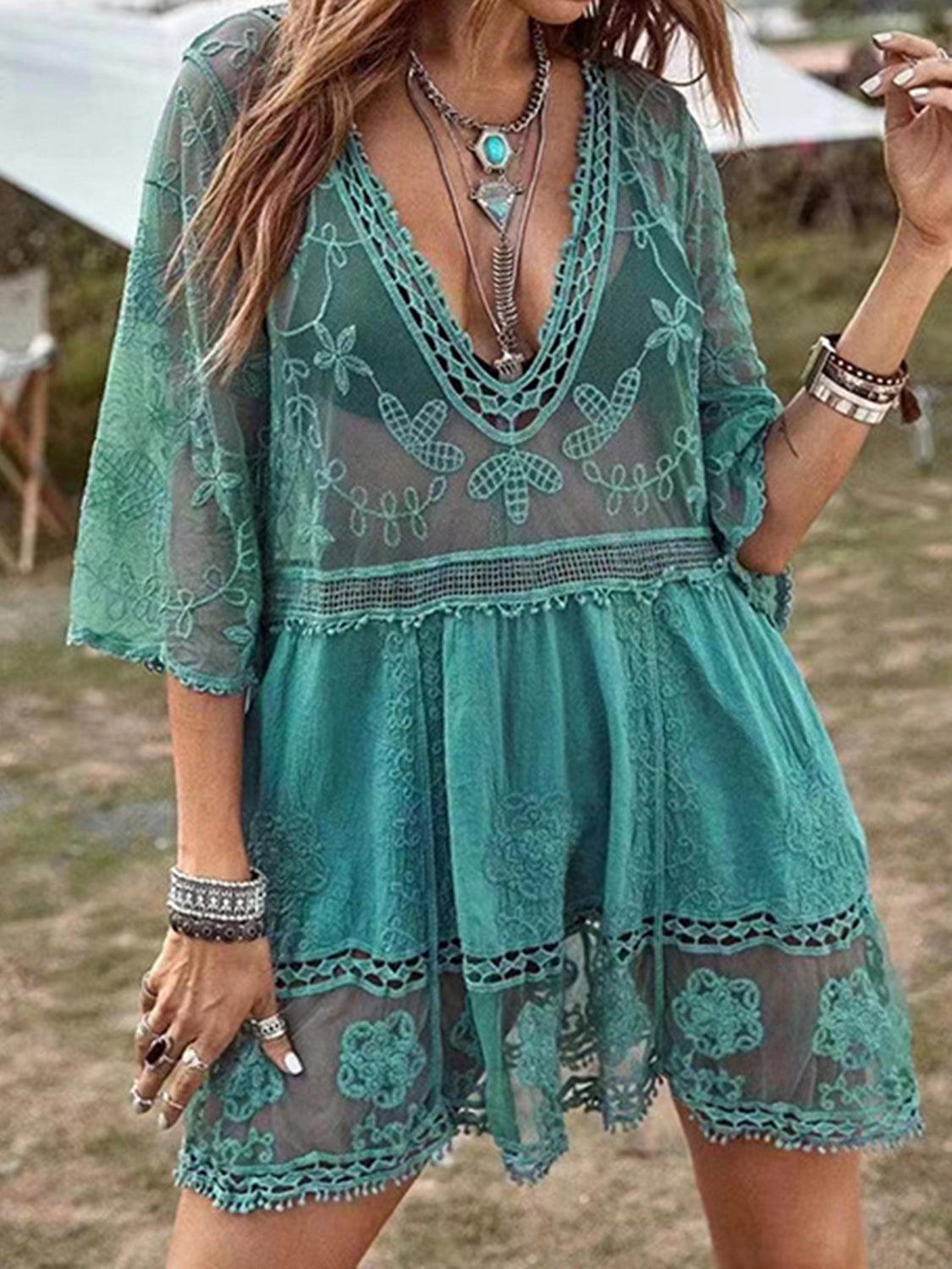 Lace Detail Plunge Cover-Up Dress Teal One Size