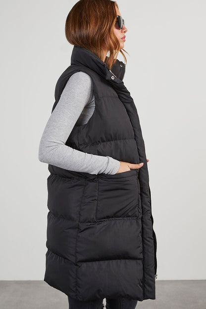 Black Windproof Longline Full Zipper Puffer Vest with Pockets