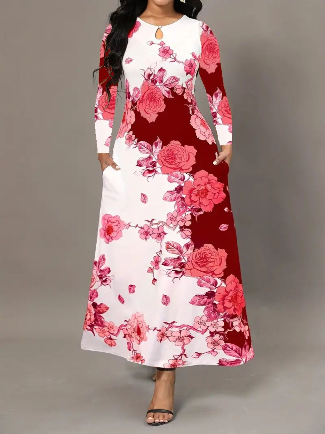 Pocketed Printed Long Sleeve Dress Deep Red