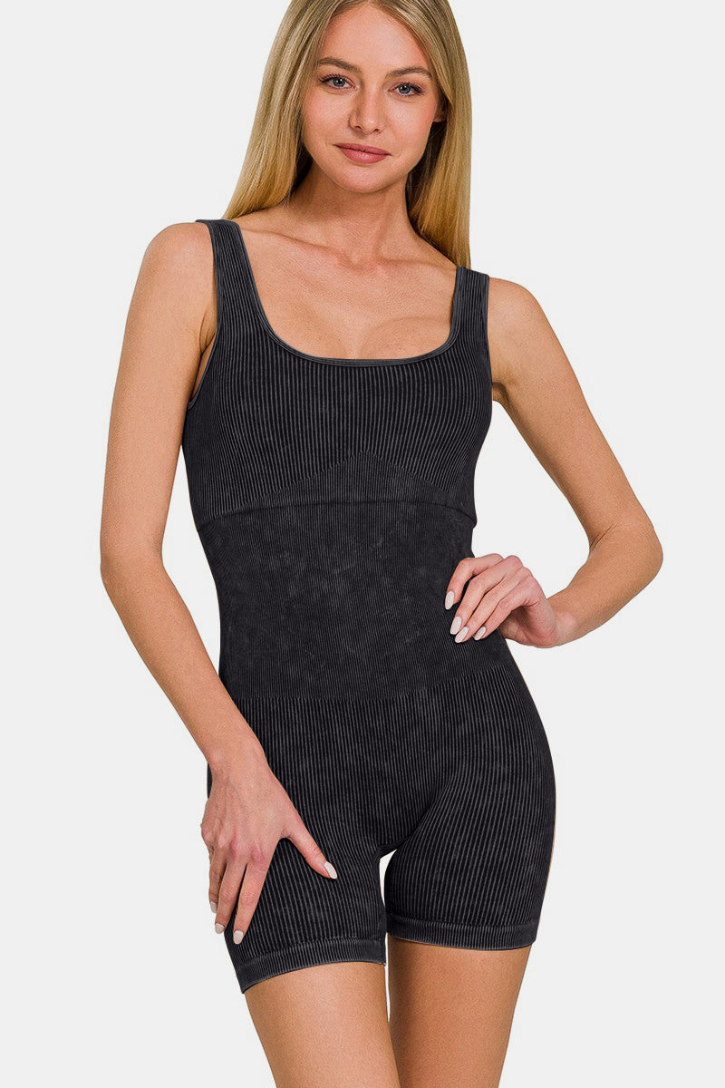 Zenana Washed Ribbed Romper with Pad | Trendy Women's One-Piece Outfit