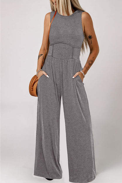 Round Neck Sleeveless Jumpsuit with Pockets Dark Gray