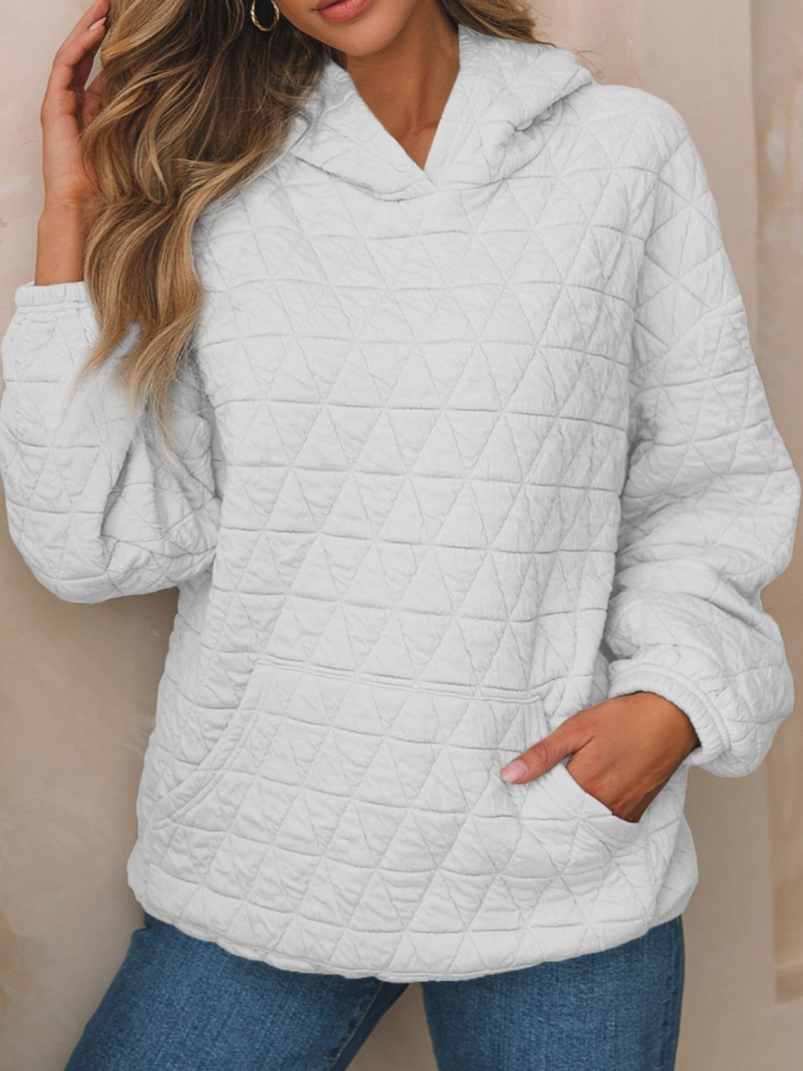 Textured Long Sleeve Hoodie with Pockets White