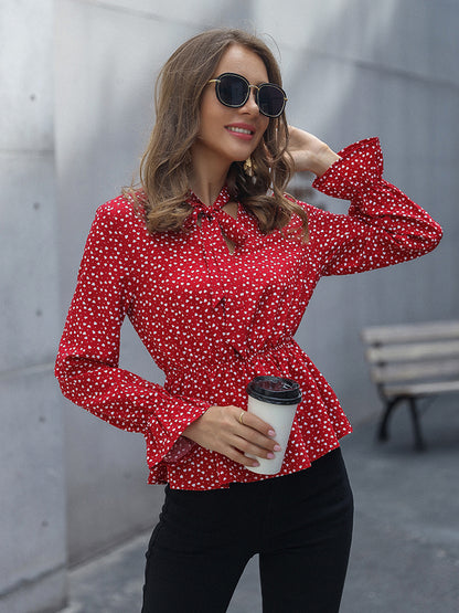 Printed Flounce Sleeve Peplum Blouse Deep Red