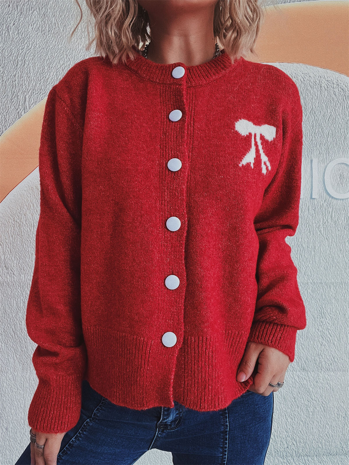 Bow Round Neck Button Up Long Sleeve Cardigan Scarlet One Size