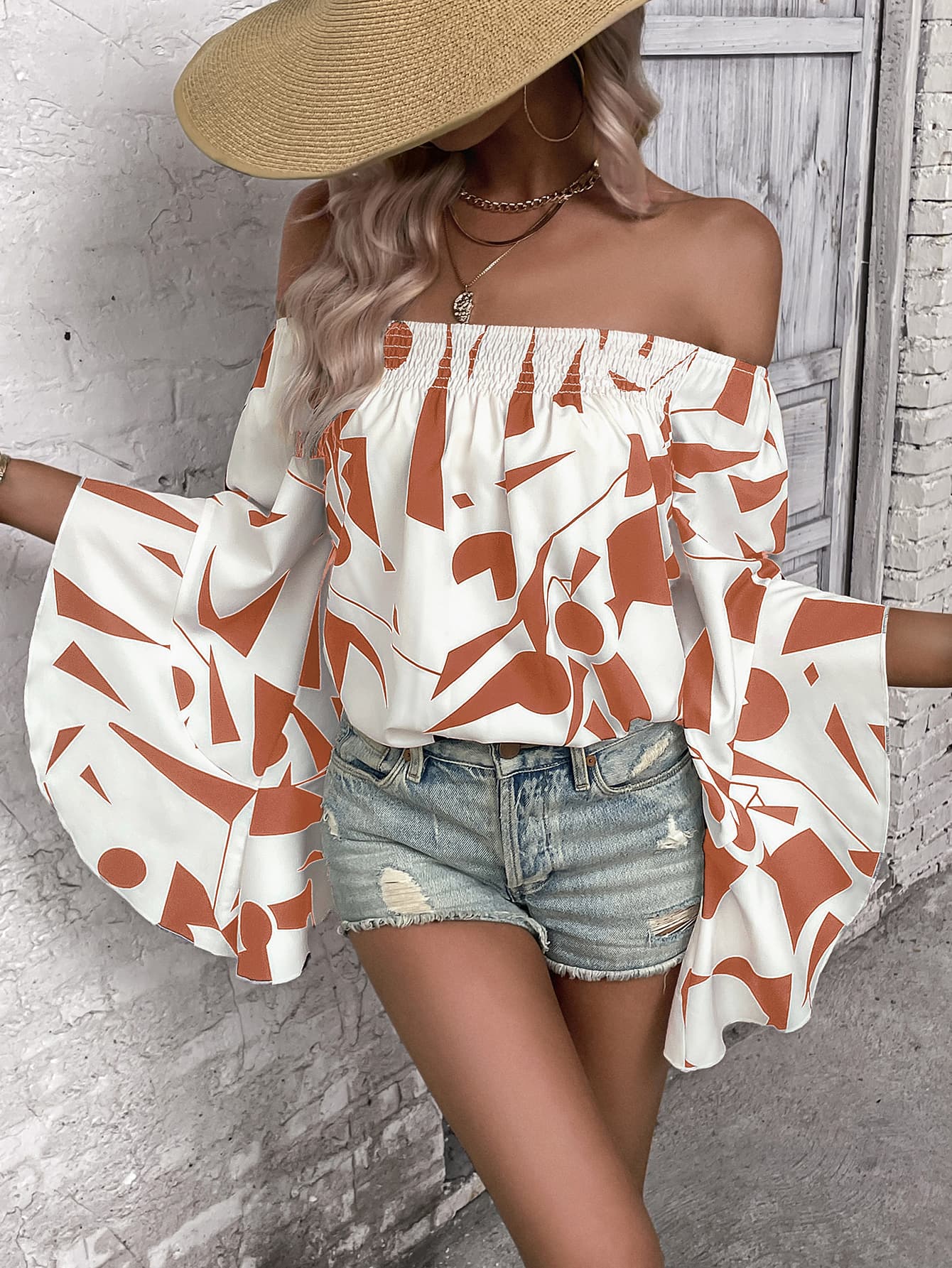 Printed Off-Shoulder Bell Sleeve Blouse - Thandynie