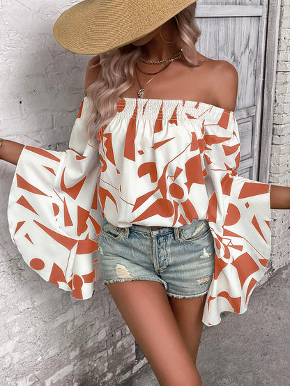 Printed Off-Shoulder Bell Sleeve Blouse Red Orange