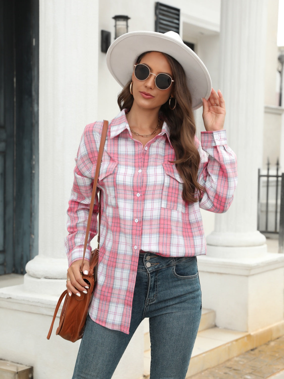 Plaid Button Up Pocketed Shirt Pink