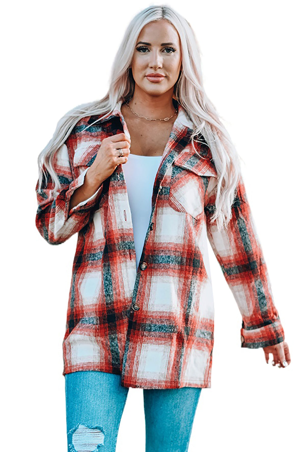 Red Turn down Neck Plaid Pocket Button Closure Coat