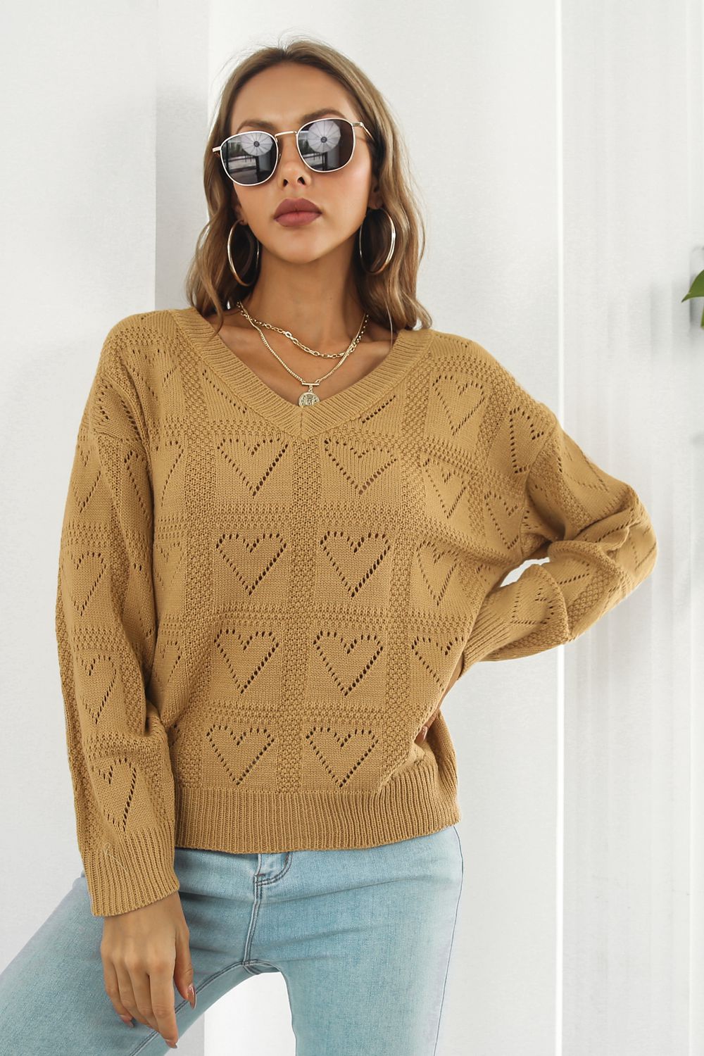 V-Neck Drop Shoulder Sweater Camel